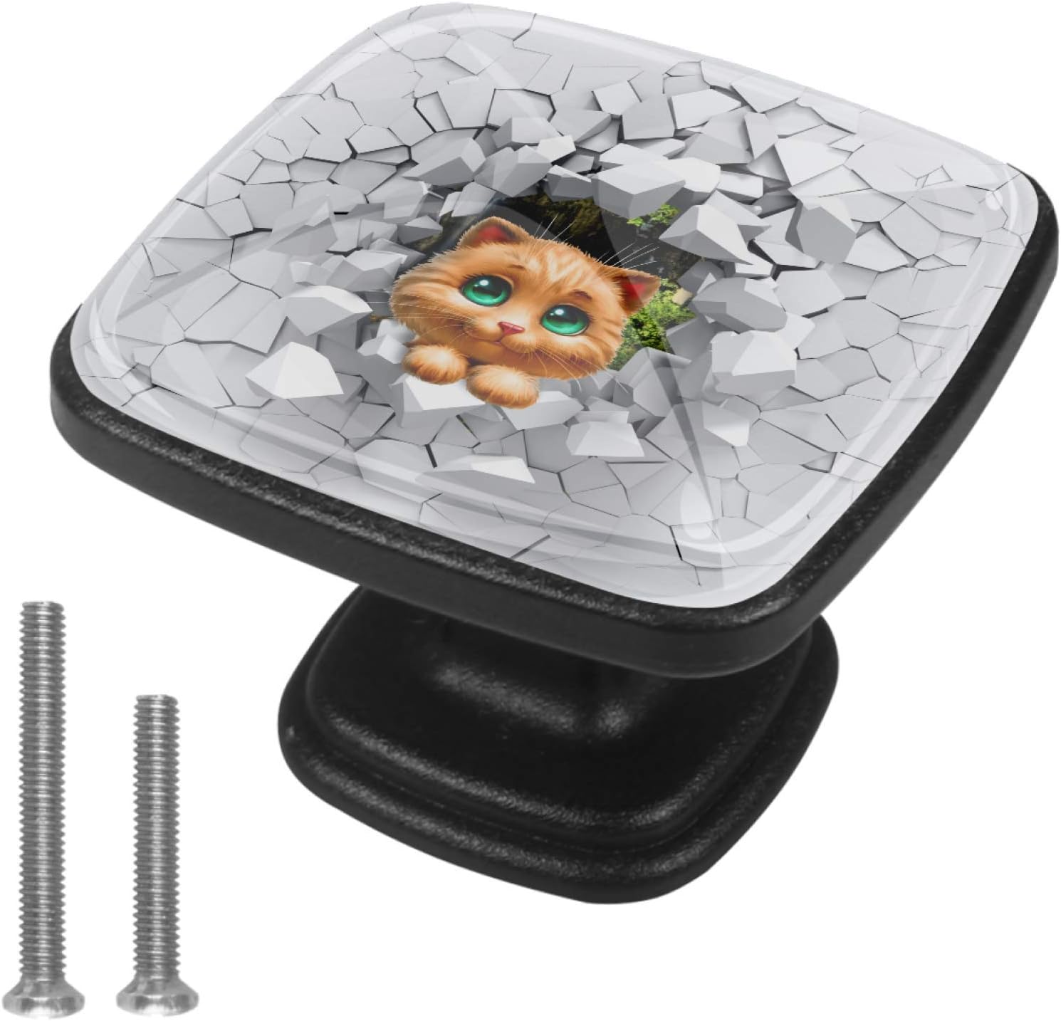 Gato que mira furtivamente desde un cajón de pared roto tiradores de la