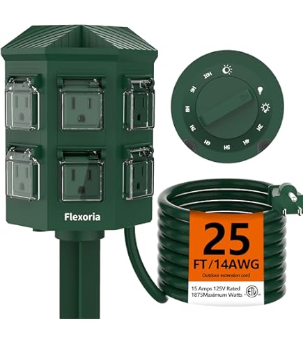 TiFFCOFiO Outdoor Light Timer Waterproof, Remote Control Dusk To Dawn Light Sensor Timer, 100 FT Range, Plug In, 2 Grounded Outlets For Home And Garden, 15A/1875W, ETL Listed