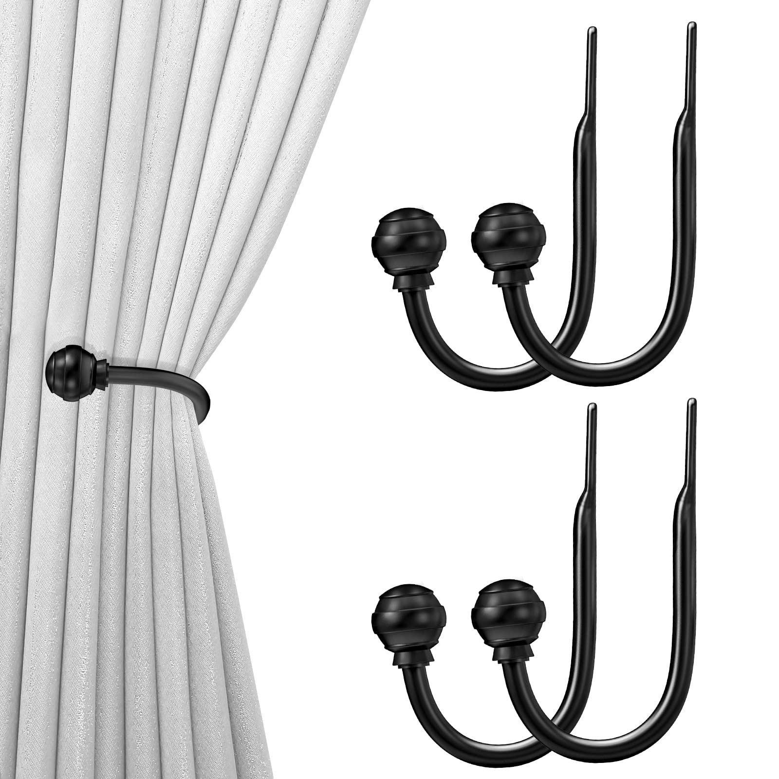 Hion Curtain Holdbacks Black, 4pcs Wall-Mounted Metal Curtain Tie Backs Curtain Hooks Holders for Hanging Curtains Other Items