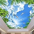 KOMNNI 3D Ceiling Blue Sky White Clouds and Green Trees Mural, Removable Wallpaper Wall Decor Mural, Living Room TV Sofa Background Decoration
