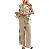 Tankaneo Womens 2 Piece Outfits Pleated Cap Sleeve Babydoll Blouse Wide Leg Pants Cotton Travel Vacation Sets