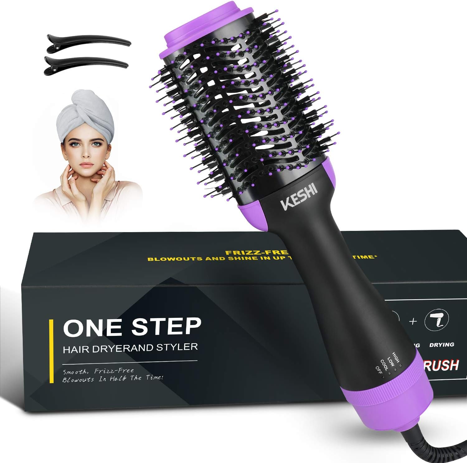 Hair Dryer Brush, Hot Air Brush, KeShi One Step Hair Dryer & Volumizer 3 in 1 Styling Brush with Negative Ion, Ceramic Blow Dryer Curler and Straightener for All Hair Types