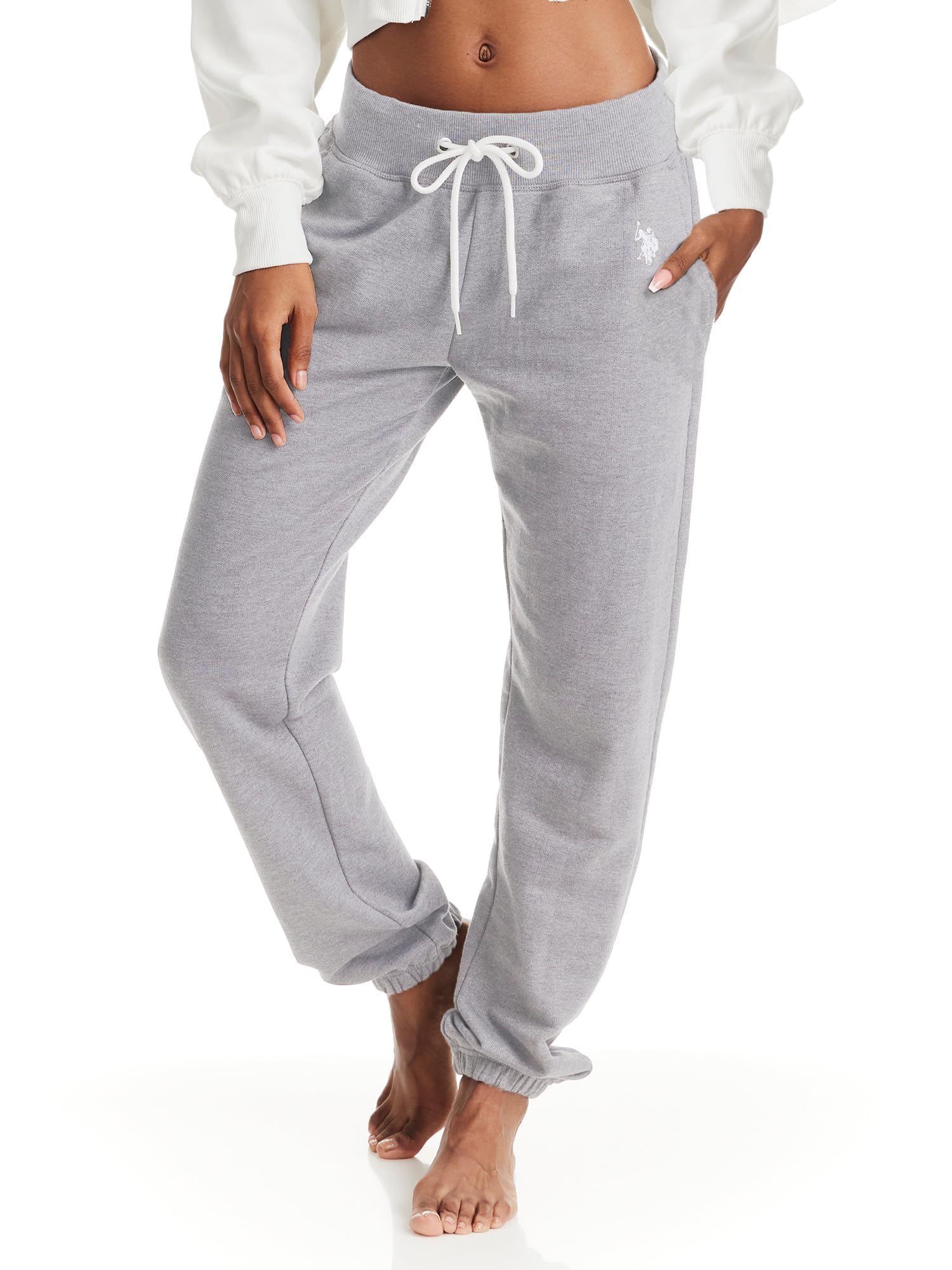 U.S. Polo Assn. Womens Sweatpants with Pockets, French Terry Jogger Lounge Pants (Heather Grey, Medium)