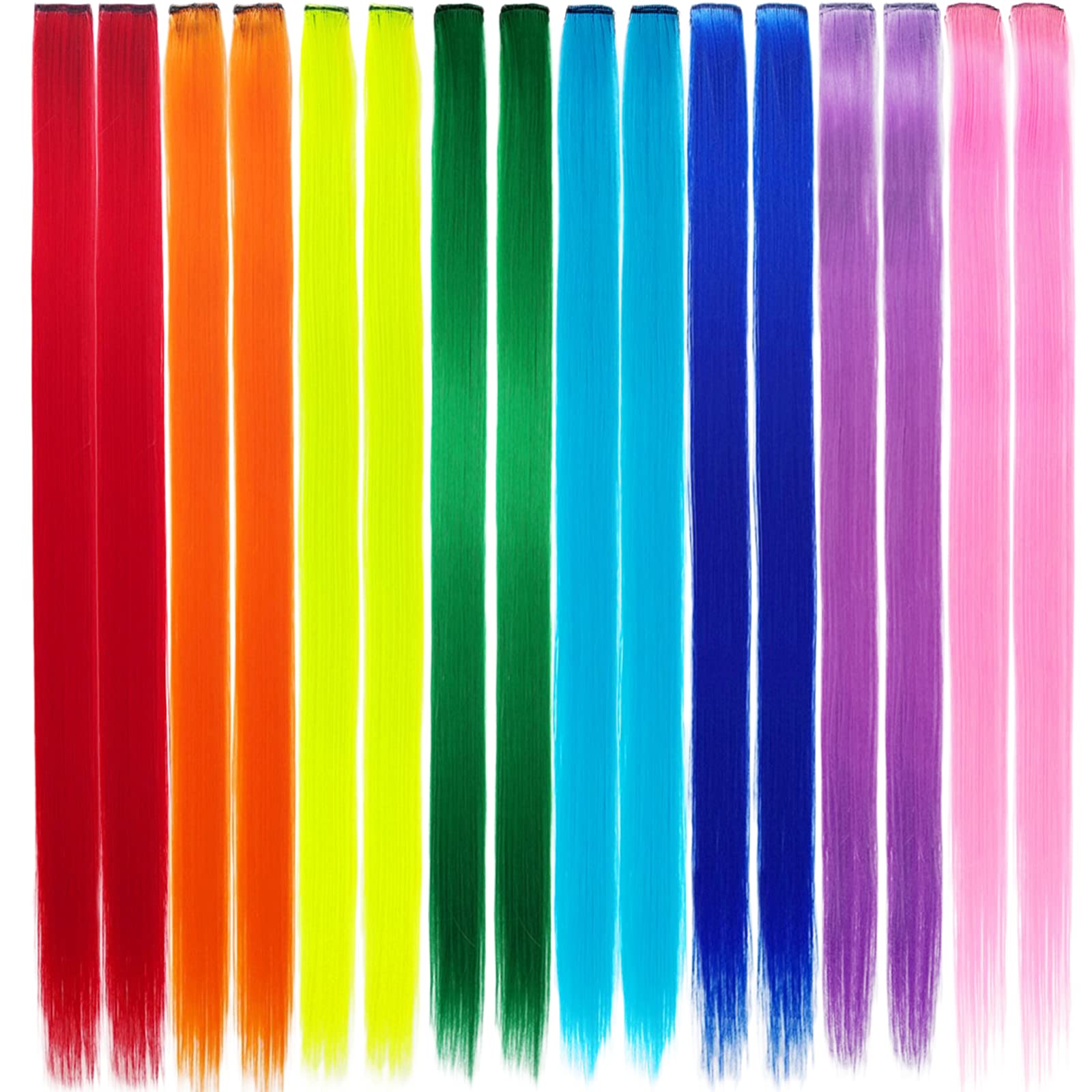 16 PCS Colored Clip in Hair Extensions, Colorful Party Highlights Hair Synthetic Hairpieces Rainbow Hair Accessories for Women Girls, 8 Colors (Straight)