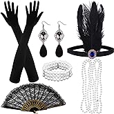 ASTARON 1920s Accessories Set for Women Earrings Pearl Necklace Pearl Bracelet Flapper Headband, Roaring 20's Theme Set