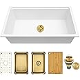 MONSINTA 31 Inch Kitchen Sink, 31" x 18" x 9" Single Bowl Undermount White Kitchen Sink With Workstation, 31" x 18" Deep and Large Granite Composite Quartz Kitchens Sinks With Gold Accessories