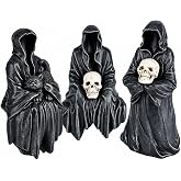 Dusk&Decorum Halloween Decorations Indoor, 3-Piece Resin Grim Reaper Figurines Set with Skulls & Black Cat, Spooky Gothic Decor for Home, Halloween Shelf Decor, Tabletop, Cabinet, Mantel & Bookshelf