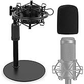 Upgraded AT2020 Desktop Mic Stand, Adjustable Mic Stand Desk with Shock Mount and Foam Windscreen for Audio Technica AT2020 AT2020USB+ AT2035 ATR2500 Condenser Mic