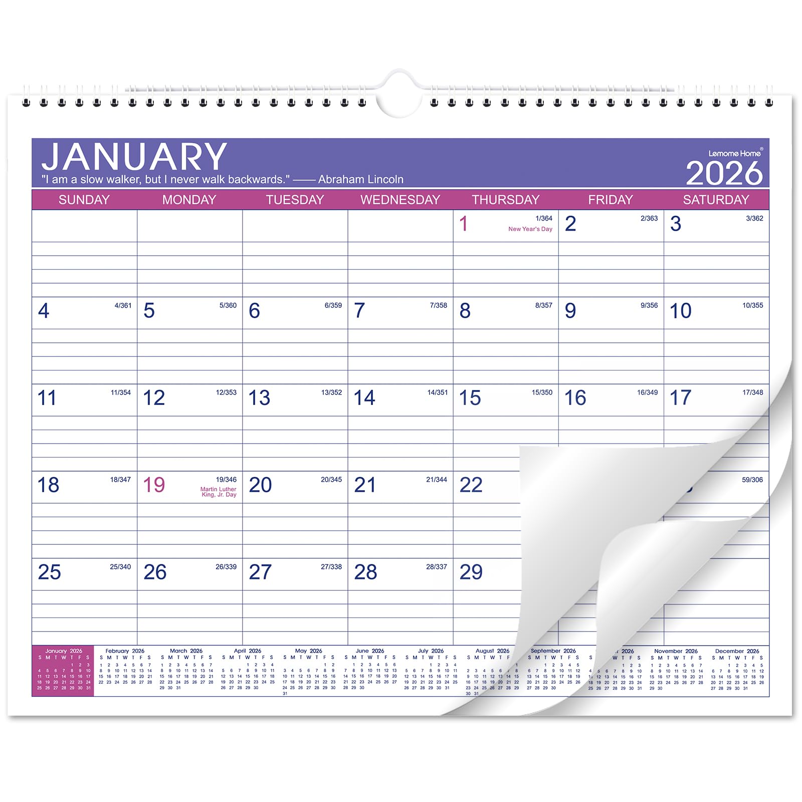 Photo 1 of 2026 Wall Calendar - Calendar 2026, Jan. 2026 to Dec. 2026, 15" x 11.5", Wall Calendar 2026 with Thick Paper + Hanging Hook with Julian Date - Purple