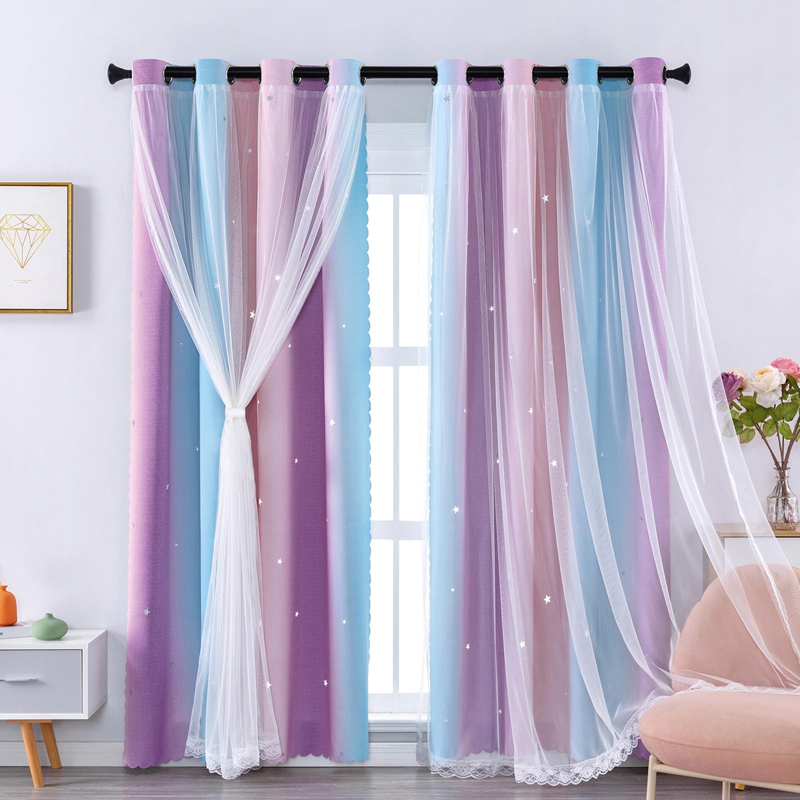 XiDi Ombre Voile Curtains 132x183cm (52x72), Nursery & Kids Room Thermal Linings with Star Cut-Outs, Ring Top for Sliding Door, Pink Blue Purple Ombre 2 Layers
