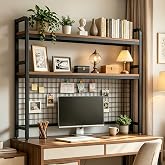 lihtsofty Desktop Bookshelf with Pegboard, 2-Tier Desk Hutch Storage Organizer Rack, Metal Frame &amp; Wood Board, for 27-inch Monitor, Home Office &amp; Dorm，Black,45.3" W