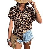 Verdusa Women's Leopard Print Tops Button Down Shirt Short Sleeve Blouses Shirts Dressy Fashion Tops