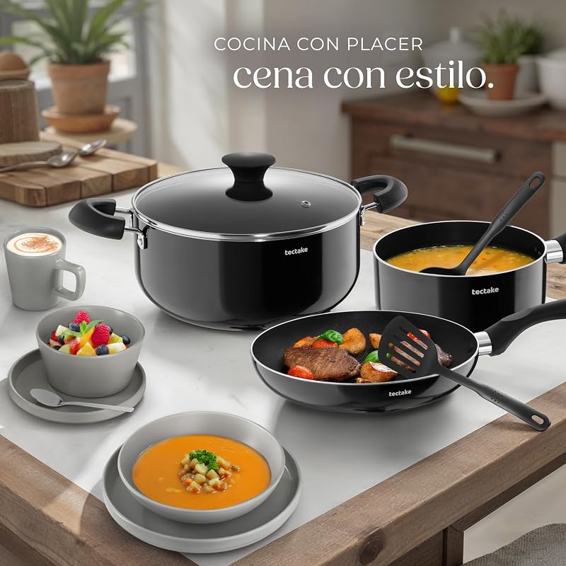® Conjunto Completo de Loiça, Louça Moderna Completa, Pratos de Loiça, Taças de Cozinha, Taças de Pequeno-Almoço, Chávenas de Café, Panelas de Alumínio Inoxidável - 45 Peças Cinzento/Preto