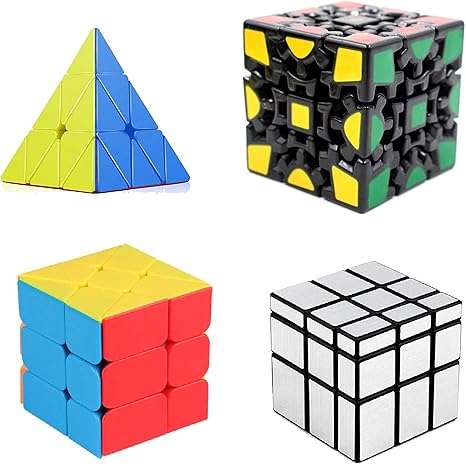 Toy Arena Super Speed Stickerless Plastic Cube Combo Deal (Pyramid, Windmill Cube, Gear Cube, Silver Mirror Cube) - Pack of 4