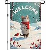 IVN Winter Welcome Garden Flag 12x18 Inch Tabby Cat in Beige Coat Red Scarf with Snowfall Pine Trees and Red Berries Flag Double Sided Outdoor Yard Banner for Porch Lawn Patio Decor Christmas