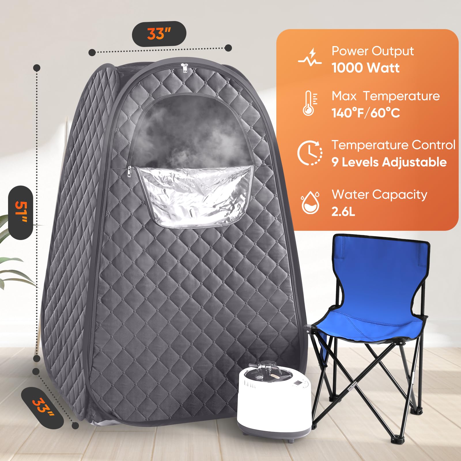 IvyBess Sauna Box, Portable Steam Sauna for Home, 2.6L 1000W Portable Full Body Sauna, Sauna Tent with Steamer, Extra Large Sauna Box with 90 Minute Timer, Chair, Remote Control Included (Grey)