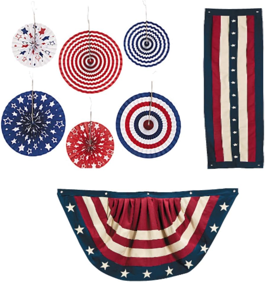Patriotic Decorations Bundle Kit: Includes Americana Bunting, Pillar Bunting, and Patriotic Hanging Fans, Party Funfare (8 Items)