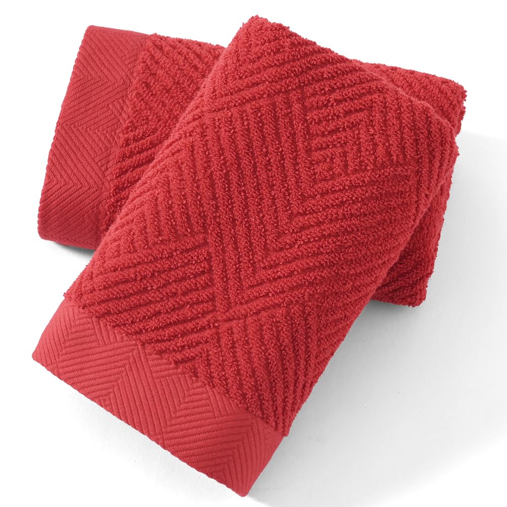 sense gnosis Red Hand Towel Set of 2 Premium 100% Cotton Herringbone Striped Weave Ultra Soft Highly Absorbent Hand Towel for Bathroom 13 X 29 Inch