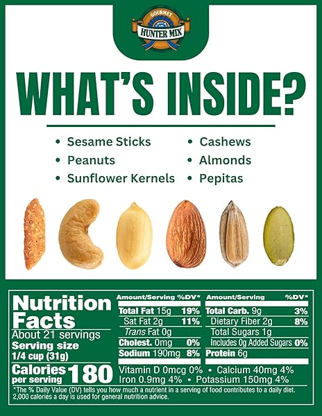 SOUTHERN STYLE NUTS GOURMET HUNTER MIX, 23 OUNCES, SESAME STICKS, PEANUTS, SUNFLOWER KERNELS, ALMONDS, CASHEWS, AND PEPITAS