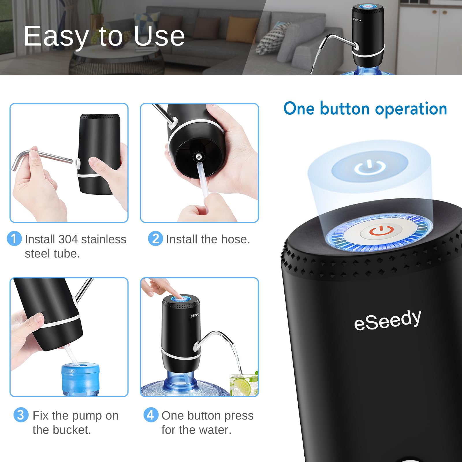 Water Pump for 5 Gallon Bottle, USB Charging Automatic Water Dispenser with Rechargeable Battery, Portable Electric Drinking Water Jug Pump for Home, Kitchen, Living Room, Office, Camping - Black