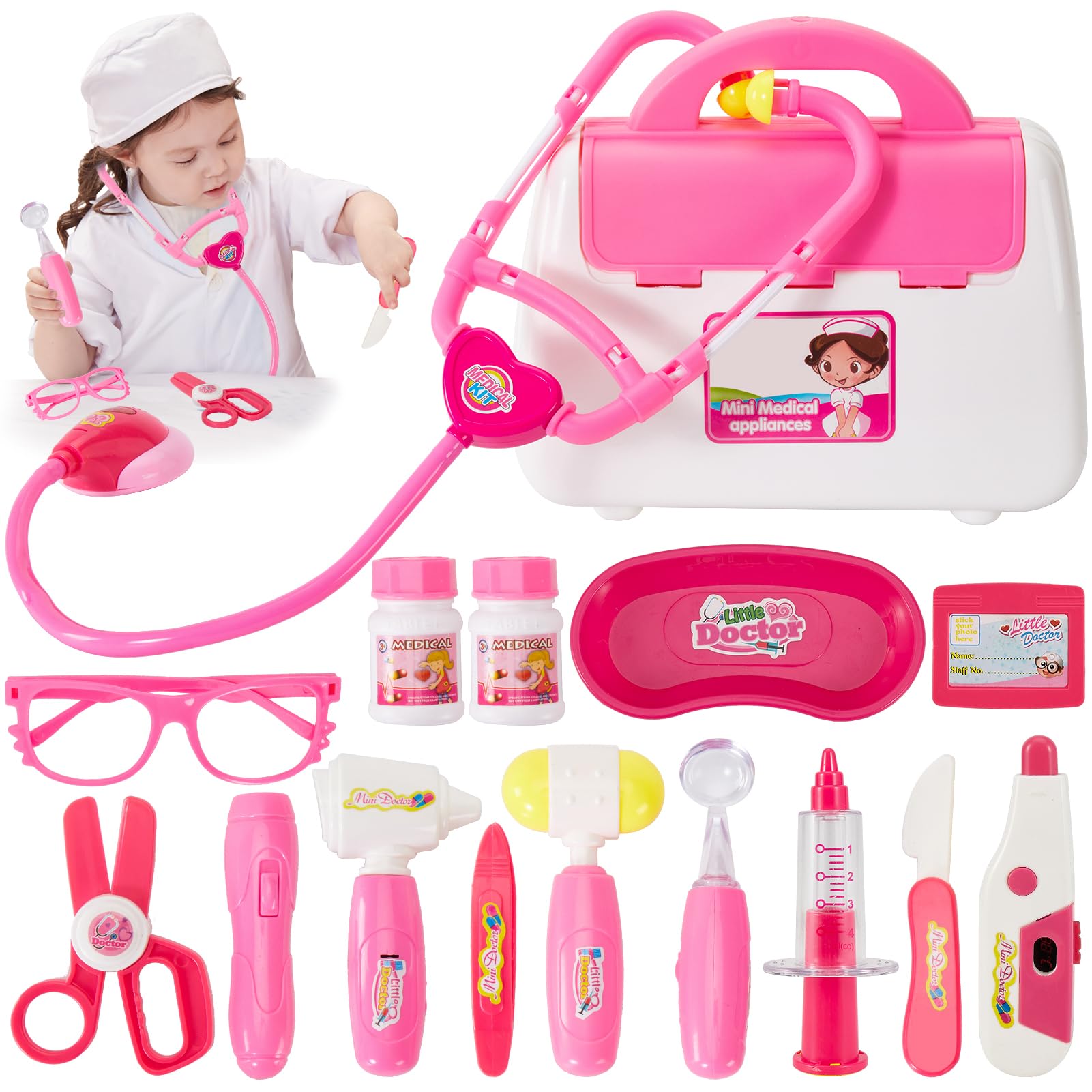 BUYGER Girls Toys Doctor Nurse Vet Set Toys for 3 Year Old Girls Gifts Medical Carry Case Pretend Role Play Toy Stethoscope with Lights Sounds
