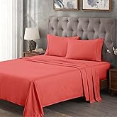Superior Egyptian Cotton 300 Thread Count Bed Sheet Set, 1 Elastic Deep Pocket Fitted Sheet, 1 Flat Sheet, 2 Pillowcases, Daily Soft Sheets, Luxury, Plush, Home Essentials, Full, Coral