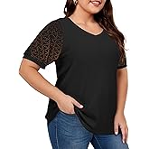 Plus Size Tops for Women, Waffle Knit Plus Size Summer Blouse, Lace Short Sleeve V Neck Tops, Women's Plus Size Shirts