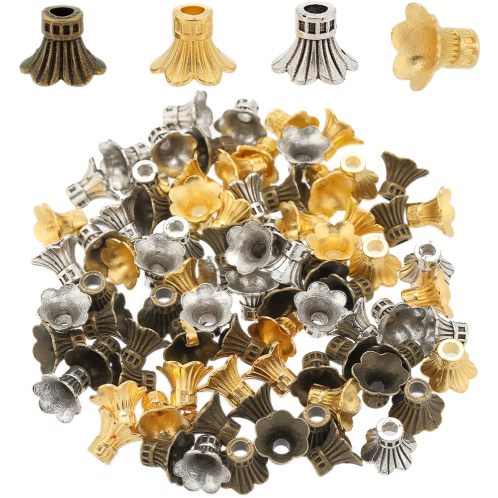 SUNNYCLUE 90PCS 3 Colors Flower Spacer Beads Golden Flower Beads Metal Petal Caps Tibetan Silver Bronze Alloy Connector Loose Spacers End Beads for Jewellery Making Beads DIY Bracelet Earring Craft