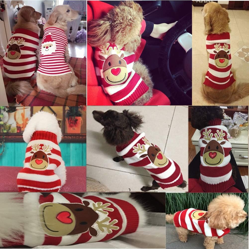 ABRRLO Dog Christmas Jumper Striped Reindeer Outfits Ugly Xmas Pet Sweater Puppy Cat Holiday Costume New Year Clothes Gift for Small Medium Large Dogs (Red White Reindeer,XXS) - Image 4