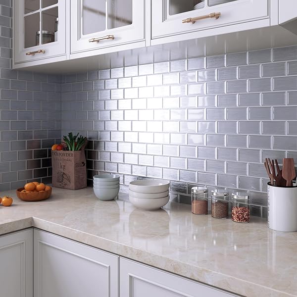 LACHEERY STICKY KITCHEN BACKSPLASH TILES PEEL AND STICK SILVER SUBWAY TILE BACKSPLASH FOR KITCHEN 36-SHEET 12″X12″ 3D SELF STICK ON BACK SPLASH TILES FOR BATHROOM LAUNDRY ROOM WALL STICKER WATERPROOF