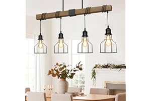 SIAFAVOI 4-Light Kitchen Island Lighting, 63" Adjustable Height Pendant Light Fixtures Black Metal & Rustic Wood Modern Dining Room Chandelier Over Table with E26 Base for Farmhouse Bar