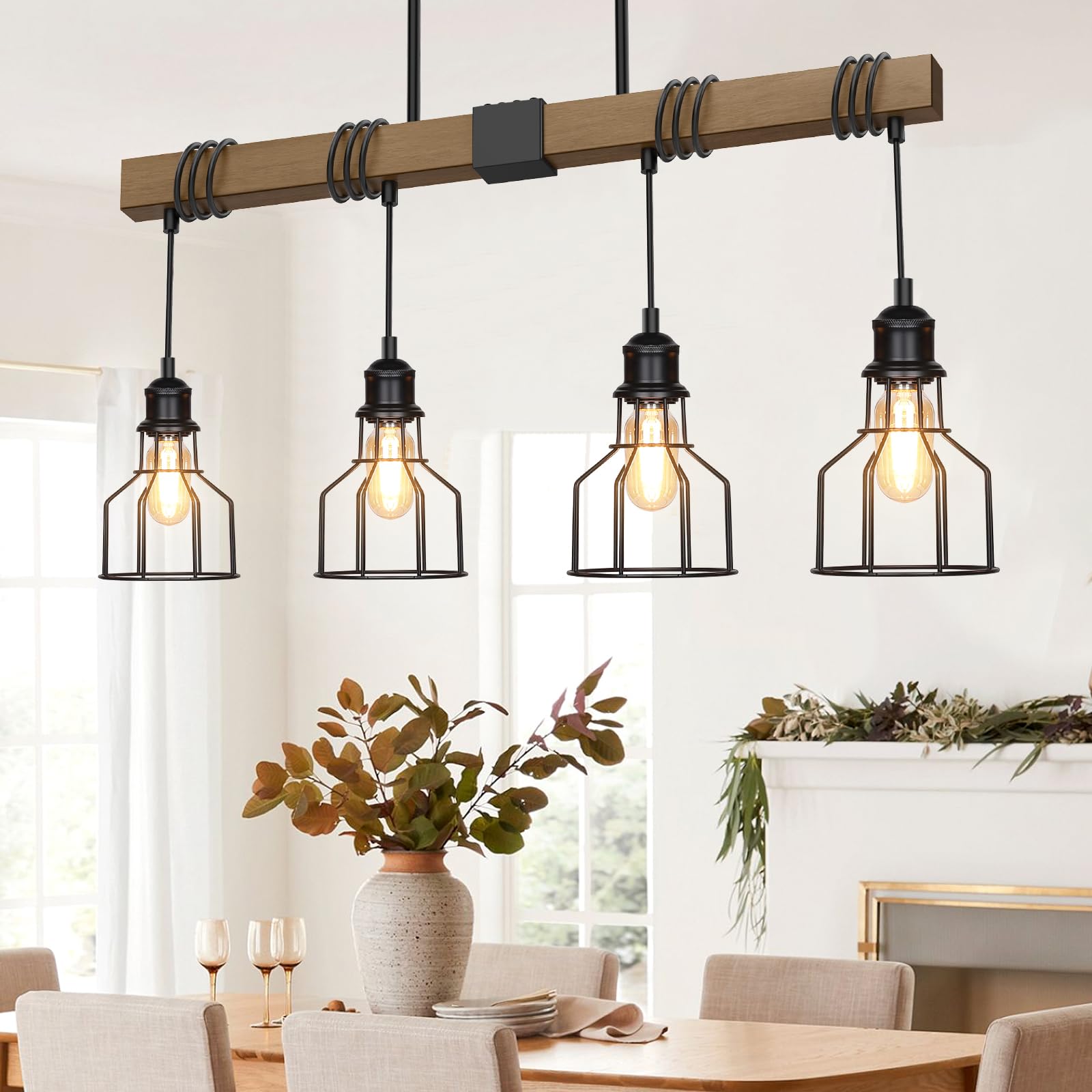 Photo 1 of 4-Light Kitchen Island Lighting, 63" Adjustable Height Pendant Light Fixtures Black Metal & Rustic Wood Modern Dining Room Chandelier Over Table with E26 Base for Farmhouse Bar