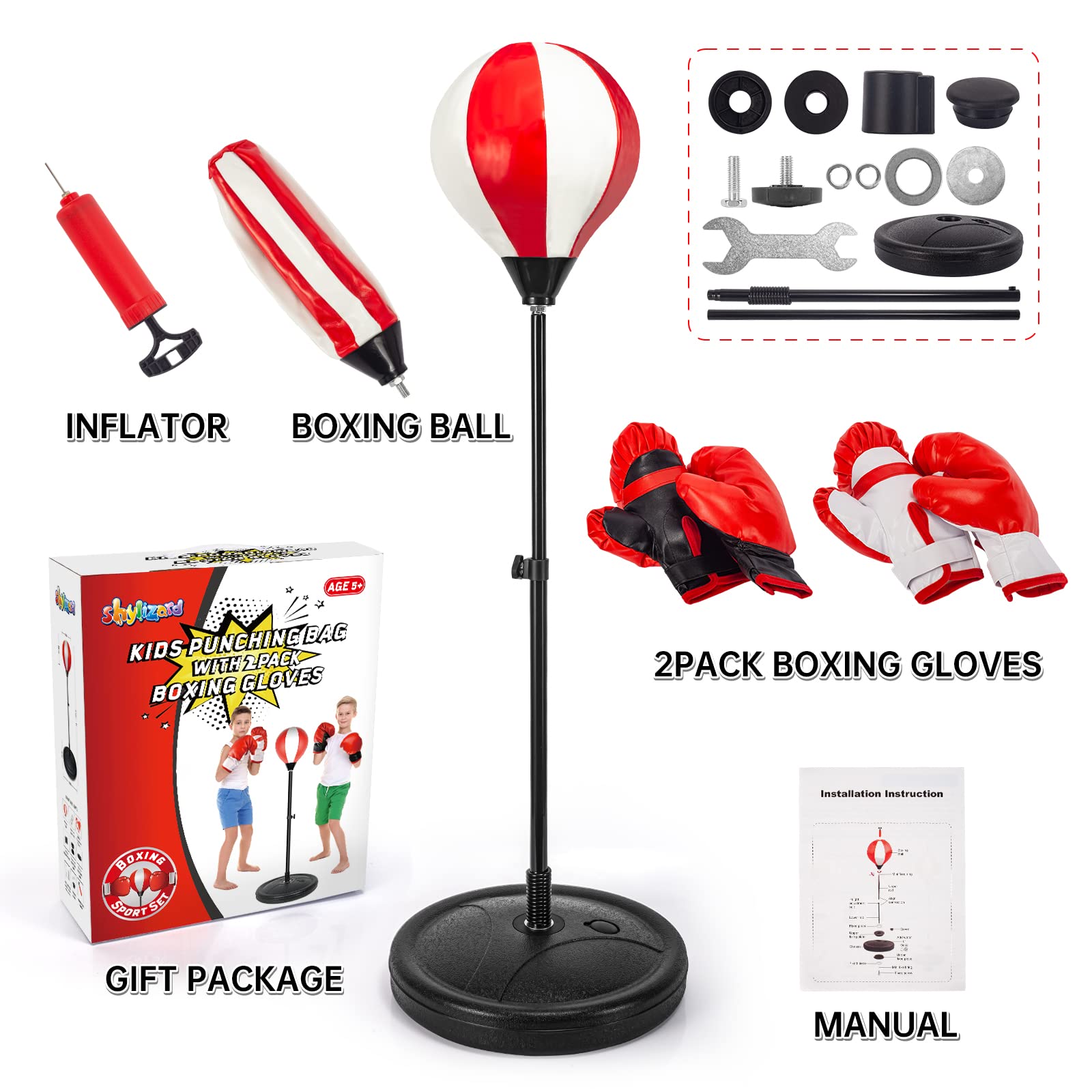 ShyLizard Kids Punching Bag Set with 2 Boxing Gloves, Adjustable Stand, Gifts for Boys & Girls Aged 5-10