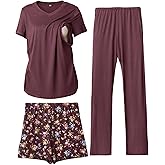 Rnxrbb 3 Piece Women's Maternity Nursing Pajamas Set V Neck Breastfeeding Pjs Sleepwear Postpartum Shorts&Pants Pockets