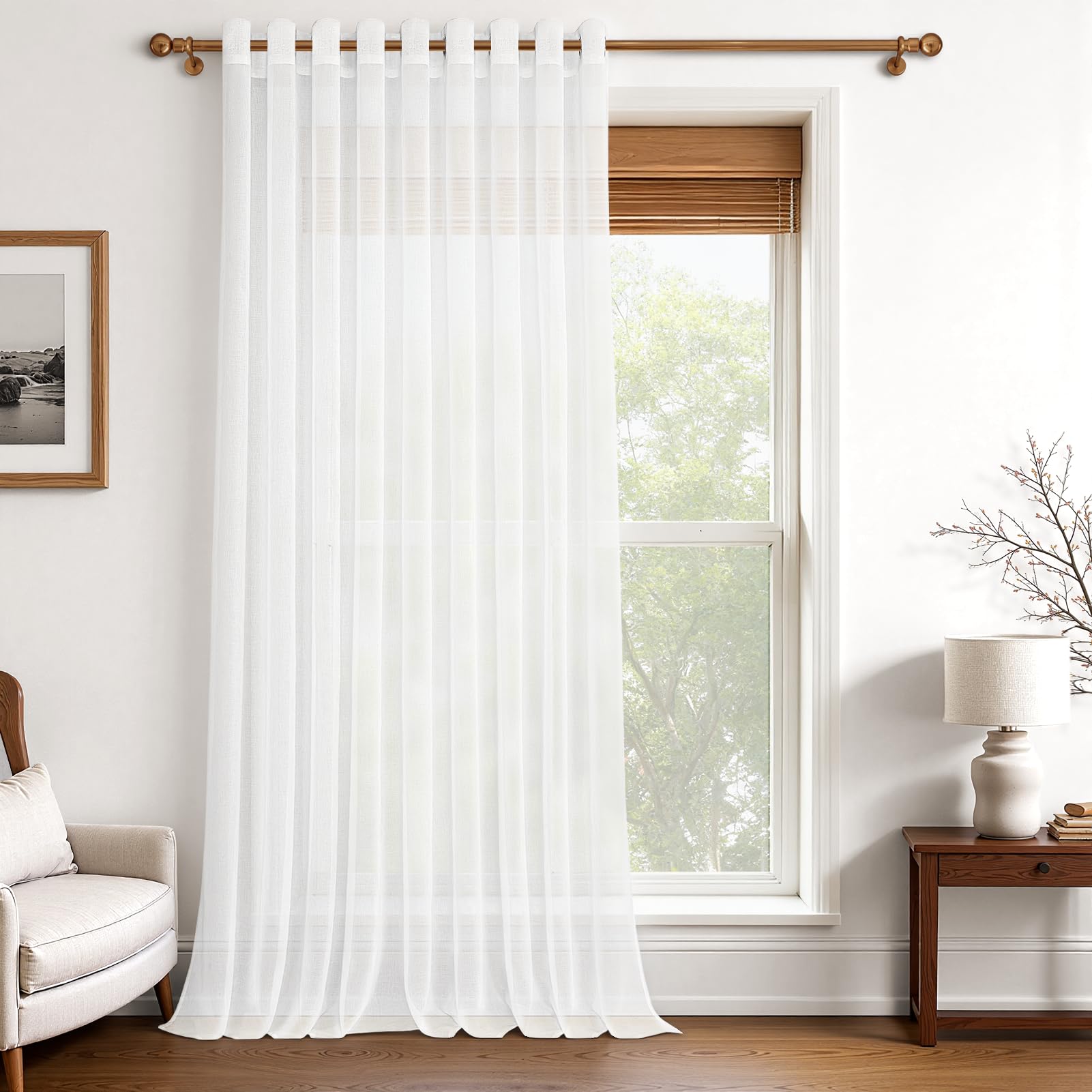 MRTREES Voile Curtains 90 Inch Drop 1 Panel Faux Linen Eyelet Voile Curtain for Bedroom Living Room Patio Door Sheer Curtains 90x90 Inch 228cm x 228cm White