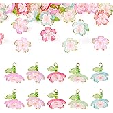 Beadthoven Acrylic Flower Charms for Jewelry Making, Golden Metal Enlaced Cherry Blossom Flower Pendants Transparent 5-Petal Floral Charms with Green Leaf for Earrings Necklace DIY Crafts