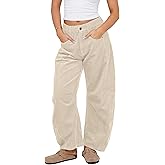 Lviefent Womens Mid Rise Cord Barrel Jeans Casual Baggy Wide Leg Corduroy Cropped Ankle Pants with Pockets