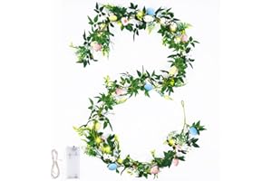 RJZZ 6 FT Easter Garland for Mantle Easter Decorations Artificial Easter Egg Garland with Lights Flower Garland Spring Garland for Mantle Spring Decorations for Home Fireplace Porch Door Party