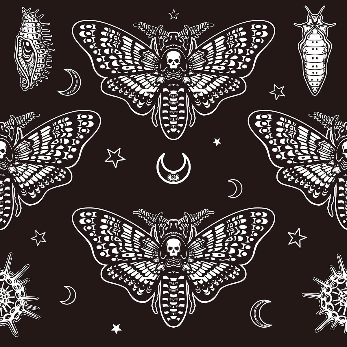 Boho Moth Upholstery Fabric by The Yard,Bohemian Moth Skull Reupholstery Fabric for Chairs,Universe Stars Moon Skeleton Fabric for Outdoor and Home DIY Projects,1 Yard,(L92*W150cm) Black White