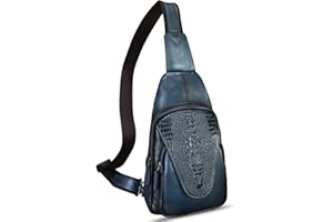 FEIGITOR Genuine Leather Sling Bag Embossed Crocodile Pattern Leather Crossbody Sling Backpack Handmade Chest Purse Daypack (Navy Blue)