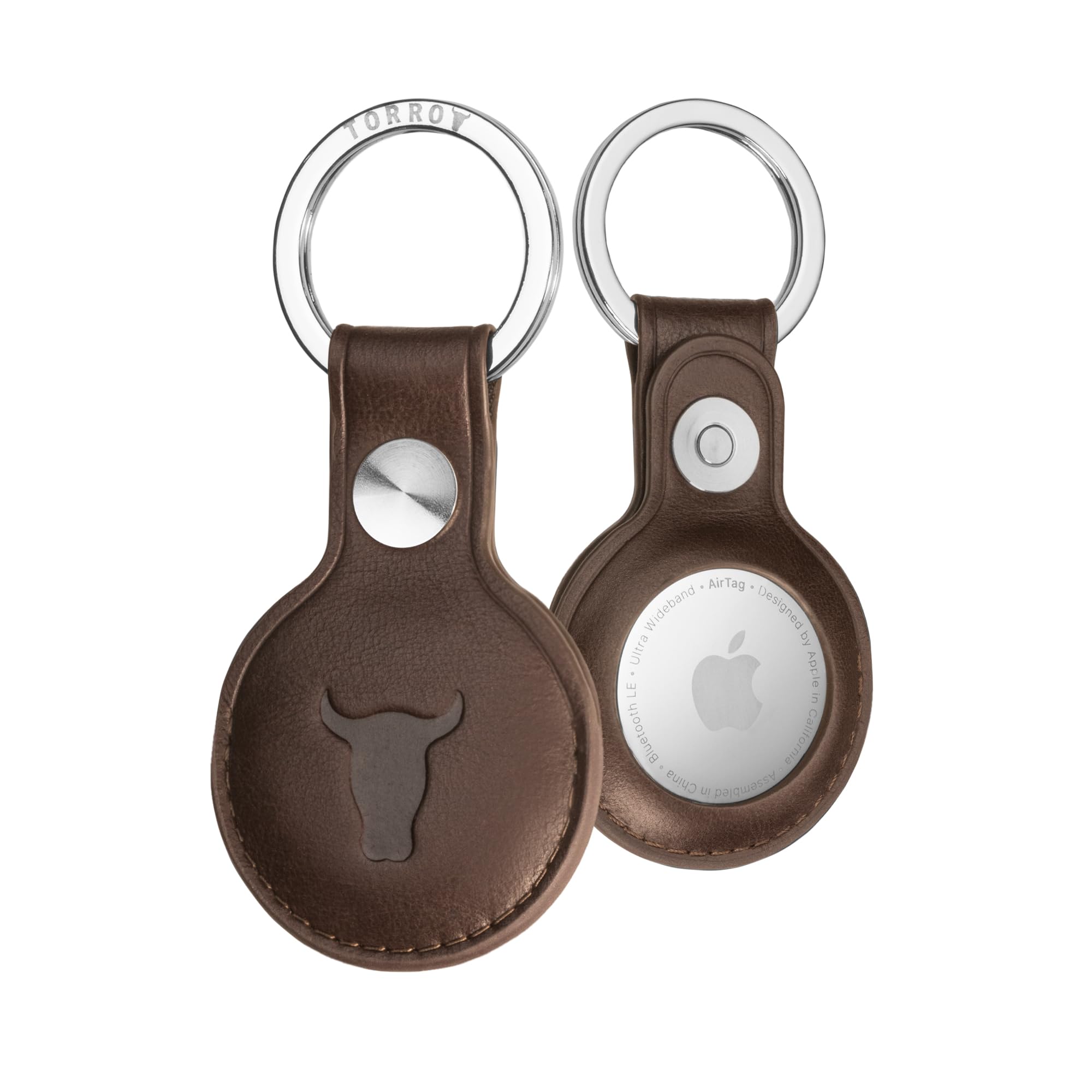 TORRO Leather Keyring/Keychain Compatible with AirTag (2021) and AirTag (2026) – Premium Leather Key Holder with Brushed Metal Ring (Dark Brown)