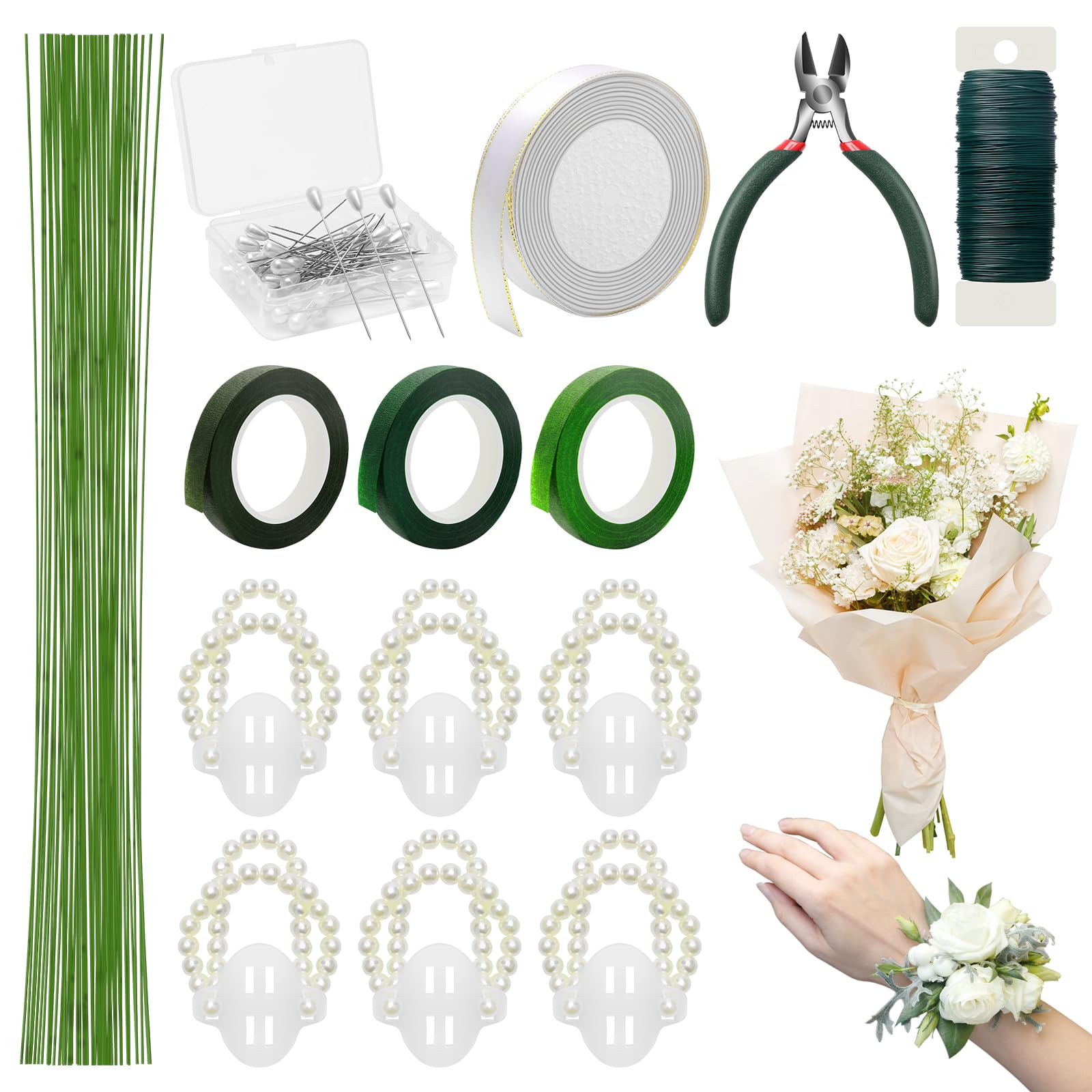 Photo 1 of Bouquets Floral Wire Arrangement Tool Kit, COITEK DIY Bouquet Making Tools with 3P Floral Tape, 6P Elastic Pearl Wrist, Floral Wire,Flower Pin, Cutter, Ribbon for Wrist Corsages Wedding Decor