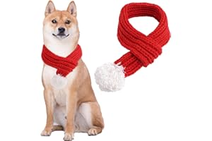 Amaxiu Christmas Cat Dog Scarf, Pet Santa Scarf Cute Knitted Winter Scarf Neck Warmer Costume Red Scarf with White Pompom Ball Xmas Dressup Outfit for Photo Props Gift Supplies (Medium)