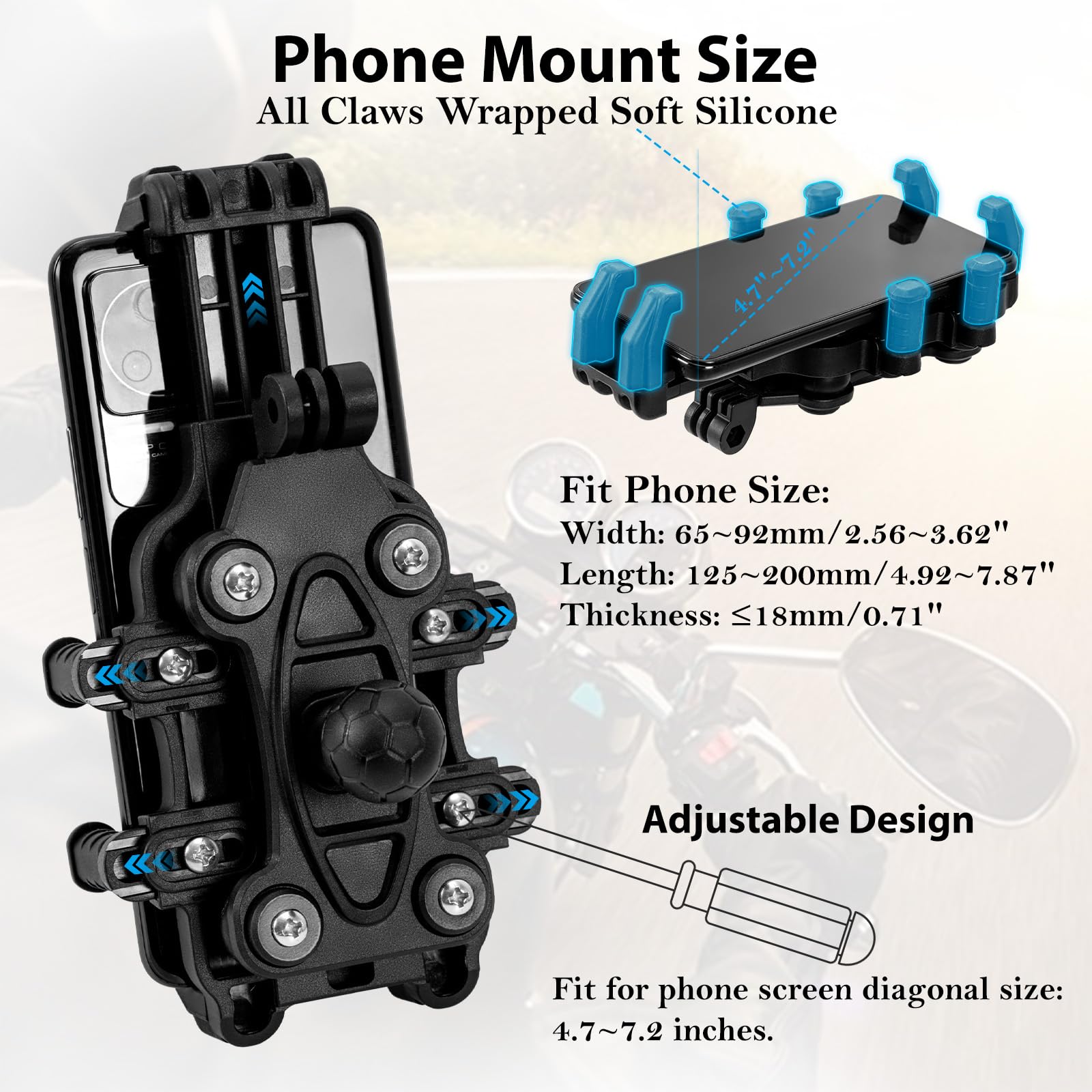 EMERK Motorcycle Phone Mount Holder - [Dual Vibration Dampener] [Anti-Shake Anti-Theft] Bike Phone Holder, Adjustable Handlebar Cellphone Cradle for Bicycle Road Scooter ATV Fit 4.7''-7.2'' Smartphone