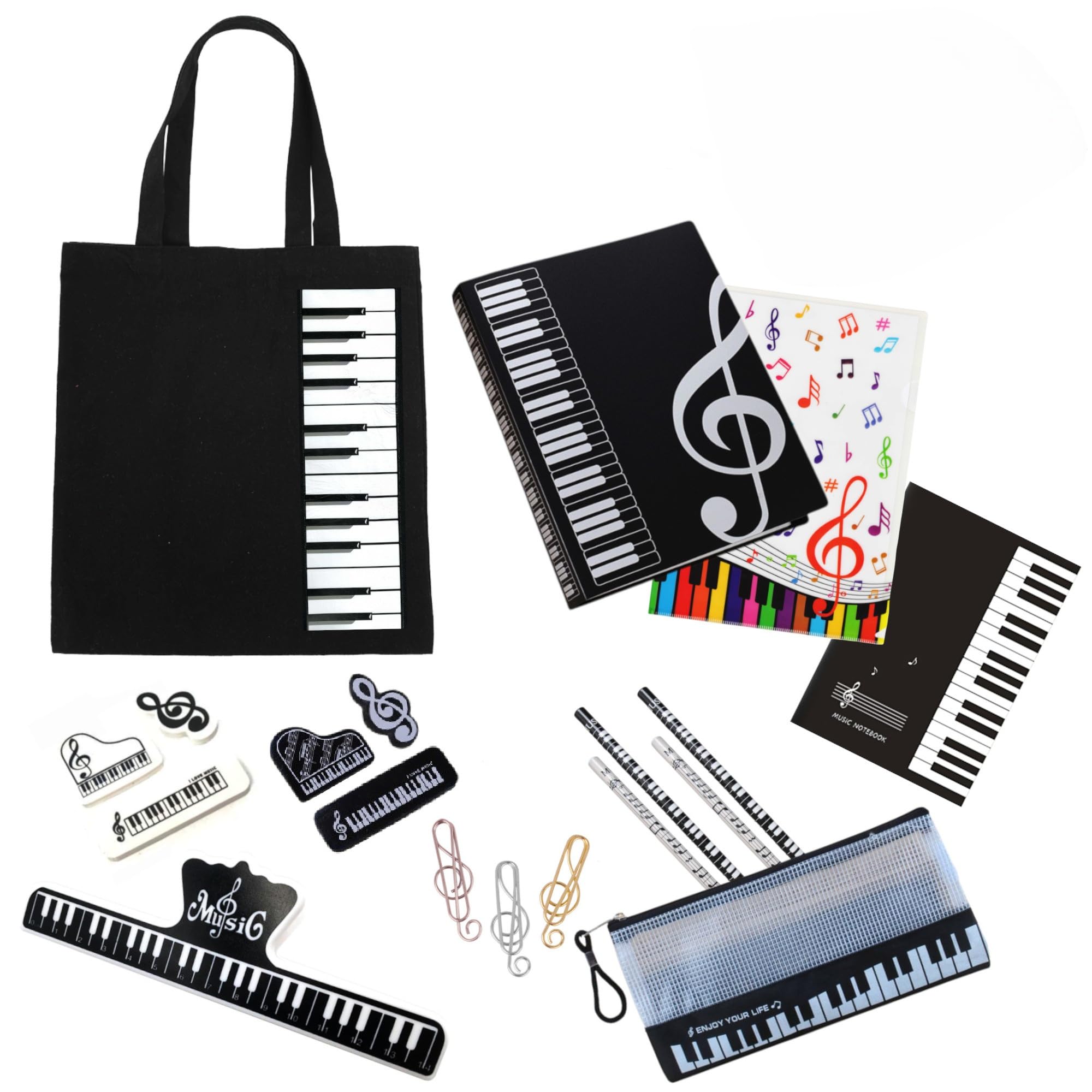 GOOGIT Music Set 17 Pieces Notepad Sheet Music Binder Cotton Bag Pencil Case Stationery Piano Musical Students Back to School (Black)