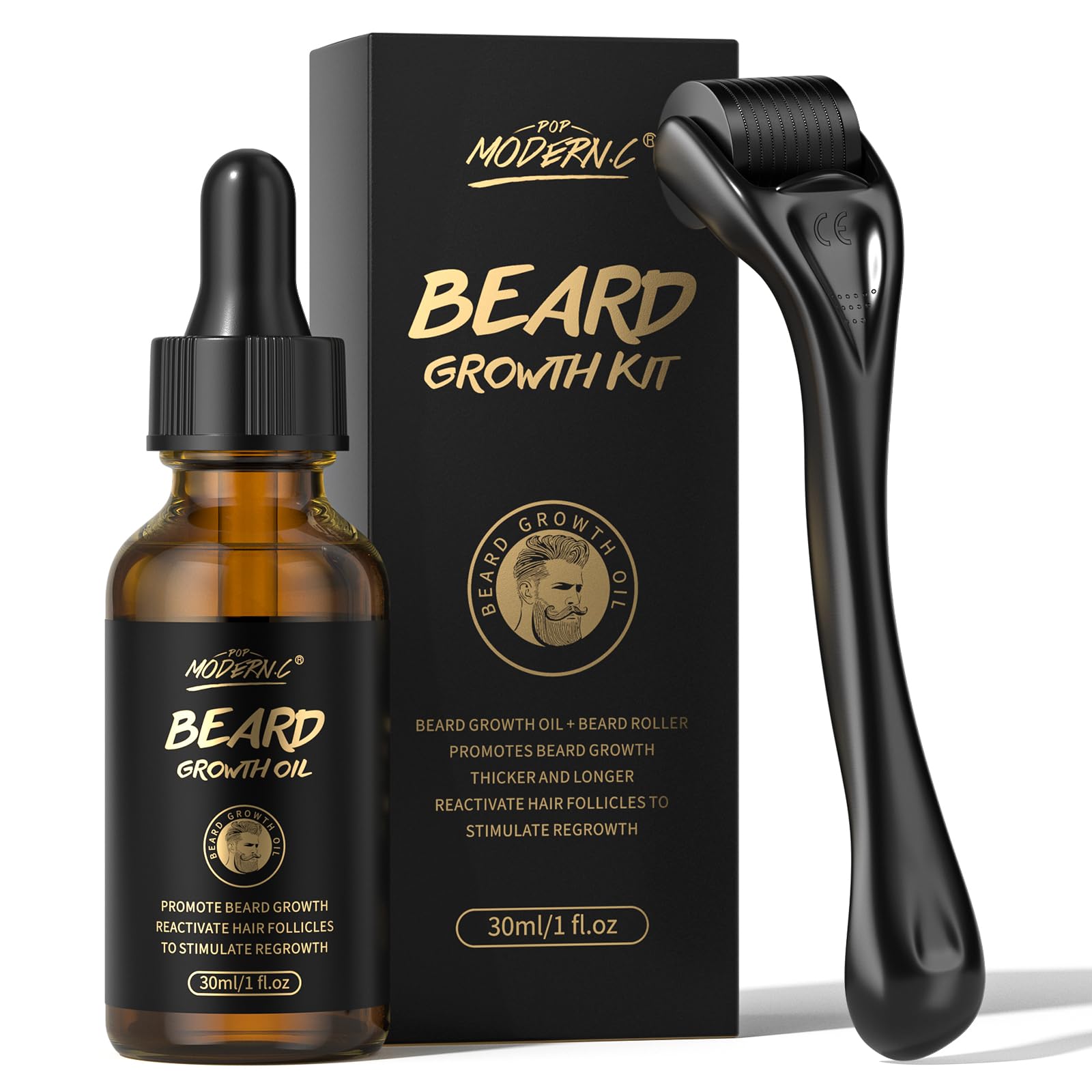 Beard Growth Kit - Biotin Beard Growth Oil with Roller for Promote Hair Regrowth - Beard Serum for Facial Hair Treatment Masculine Thick, Rapid Growth & Thickening Grooming Kit, Gifts for Him 1 Fl Oz