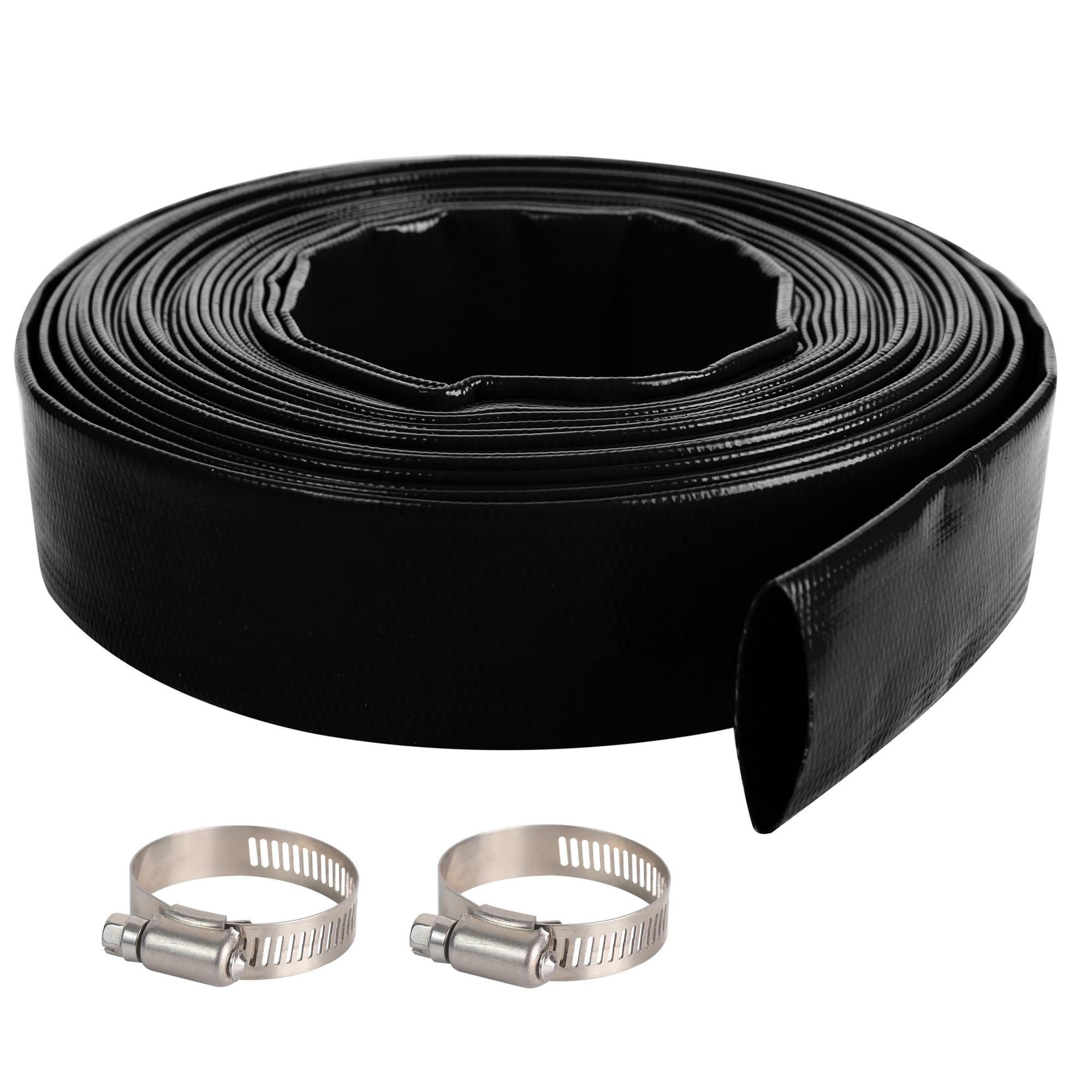 Photo 1 of Geowaky 2" x 100 FT Pool Backwash Hose, Black Heavy Duty Reinforced PVC Lay Flat Water Discharge Hose for Swimming Pool Filter Pump,with 2 Clamp