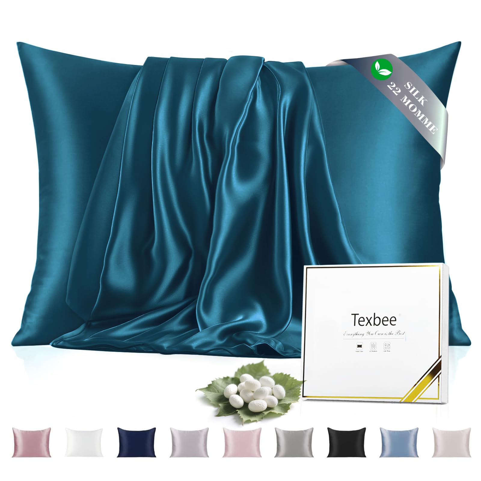 Texbee Silk Pillowcase, 22 Momme Mulberry Silk Pillowcases for Hair and Skin Health, Soft Smooth Breathable Cool Pure Pillow Case for Beauty Sleep, with Gift Box, 1pc (King 50x90 cm, Peacock Blue)
