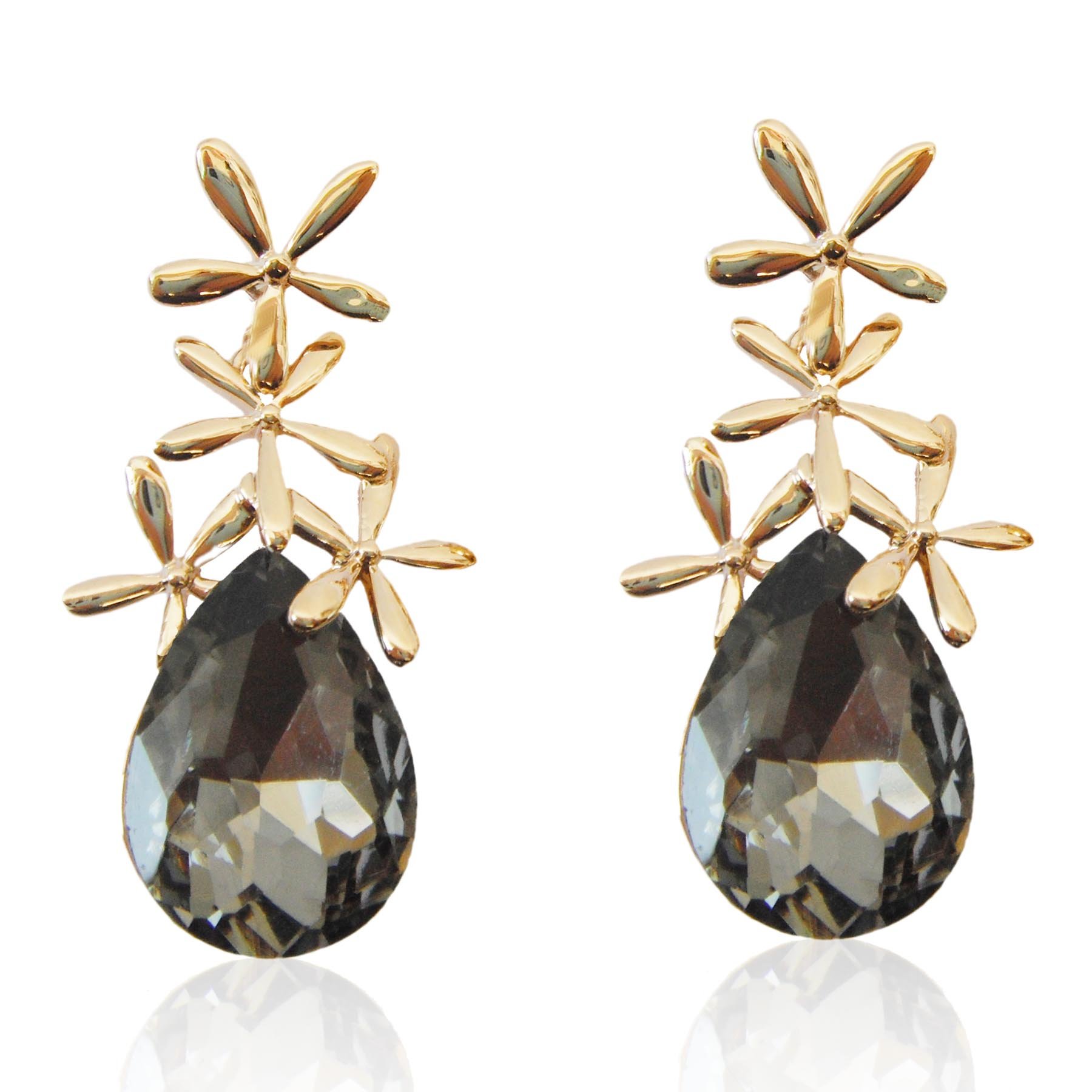 Navachi 18k Gold Plated Crystal Leaves Grey Pear-shaped Zirconia Drop Az1611e Ear stud Earrings