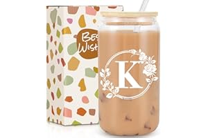 Frerdui Birthday Gifts for Women, Initial Glass Cups with Lids and Straws, Personalized Gifts, 16oz Glass Tumbler Cups w/Straw Lid, Monogrammed Gifts, Iced Coffee Cups - Valentines Birthday Gifts K